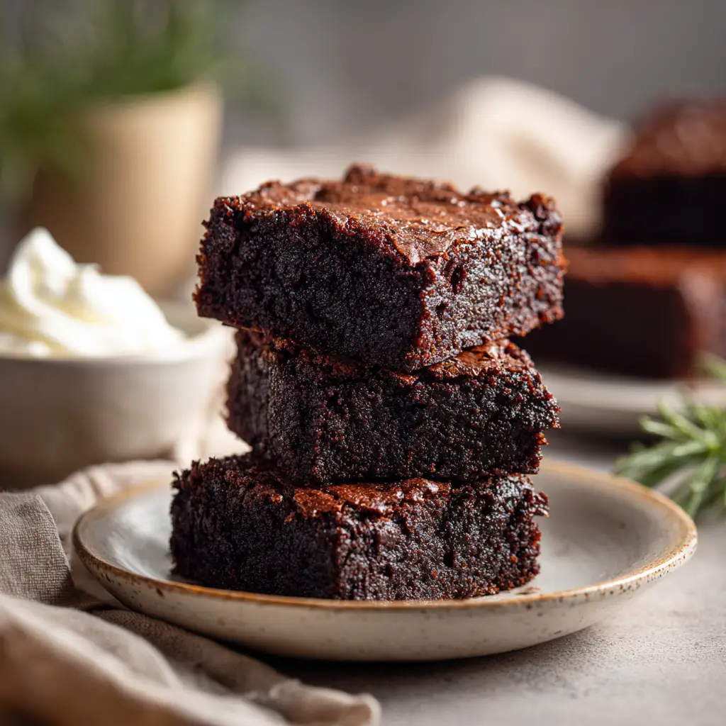 A close-up shot of healthy flourless brownies, highlighting their crackly top and dense, moist interior.