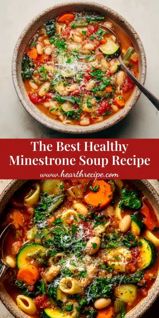 A beautiful overhead shot of a bowl of healthy minestrone soup, packed with colorful vegetables, beans, and pasta. The perfect hearty vegetable soup for a comforting meal.