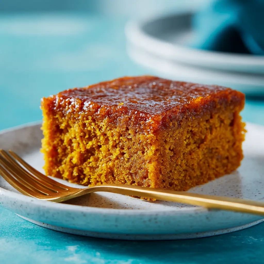 A beautiful square-cut, moist low carb pumpkin bar with cream cheese frosting sits on a rustic wooden board, ready to be served.