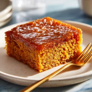 A single, perfectly square sugar free pumpkin bar on a white plate, showcasing its moist texture and creamy frosting. A healthy pumpkin dessert.