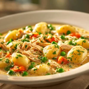 A close-up view of the hearty chicken and gnocchi soup, showing the texture of the chicken, vegetables, and pillowy gnocchi.
