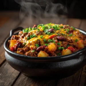 An extreme close-up shot of the hearty ground beef casserole filling, showing the texture of the corn, beans, and creamy sauce before being topped.