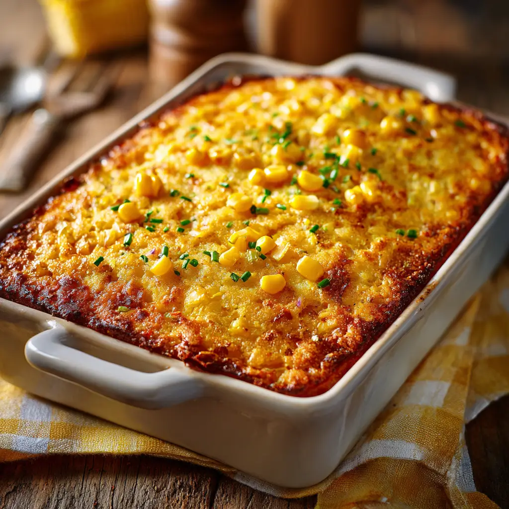 Corn Casserole Recipe (Easy, Cheesy, and Delicious!) 1 A full 9x13 baking dish of golden-brown corn casserole, garnished with fresh herbs. A great example of a Thanksgiving side dish ready to be served.