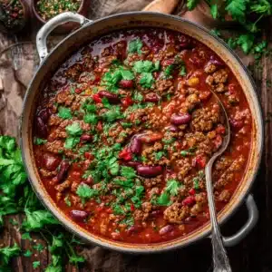 A close-up overhead shot of a hearty beef chili simmering in a pot, showcasing the texture of the ground beef, beans, and rich tomato sauce.