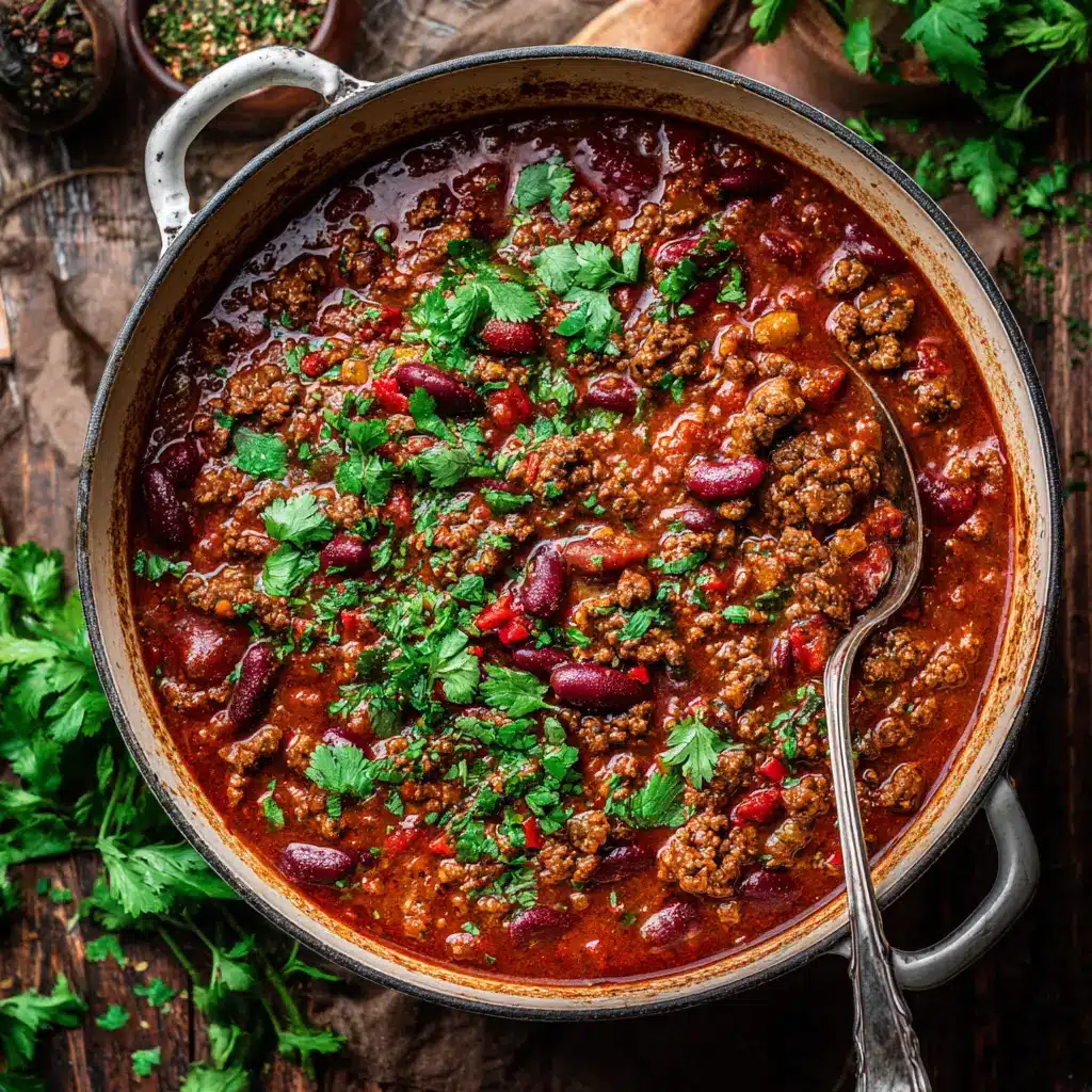 Beef Chili Recipe (The BEST Classic Chili) 2 A close-up overhead shot of a hearty beef chili simmering in a pot, showcasing the texture of the ground beef, beans, and rich tomato sauce.