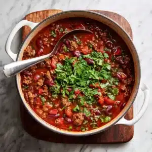 An overhead shot of a large white Dutch oven filled with homemade chili, surrounded by ingredients like tomatoes, onions, and spices.