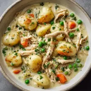 An overhead shot of a white bowl filled with homemade chicken and gnocchi dumplings, highlighting the creamy texture of the sauce.