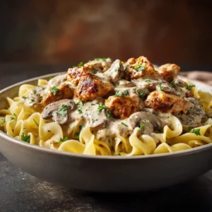 A close-up view of the rich and savory mushroom sauce with tender chicken pieces in a skillet.