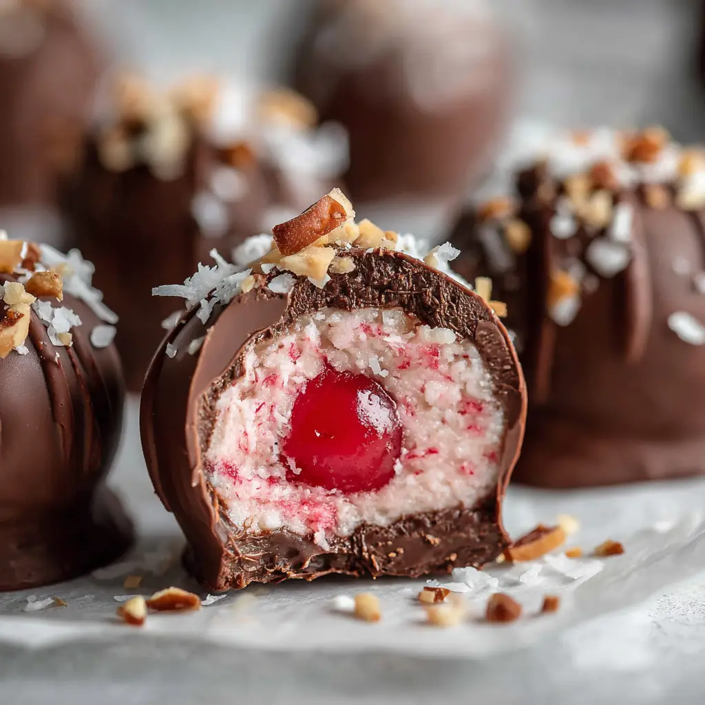 A plate of several no-bake chocolate coconut balls with cherry, illustrating the final result of the recipe.