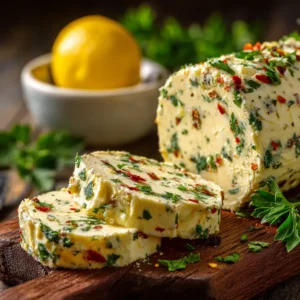 A close-up shot of creamy cowboy butter in a small serving bowl, garnished with fresh herbs. The texture is rich and inviting, highlighting the garlic butter sauce.