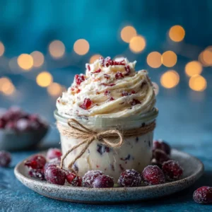 A bowl of homemade whipped cranberry honey butter, showing its light and airy texture, sitting next to a basket of warm dinner rolls.