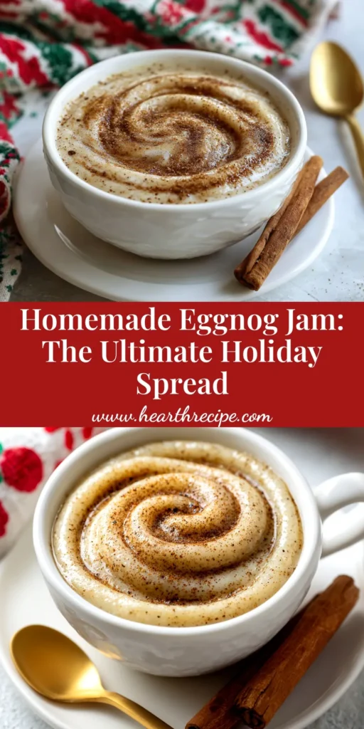 A jar of creamy homemade eggnog jam with a festive ribbon, perfect for a holiday edible gift.