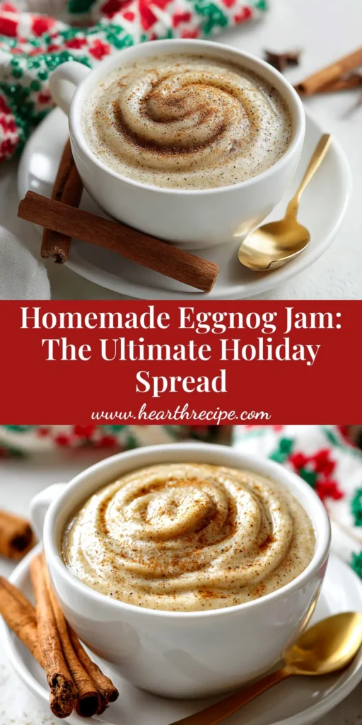 A beautiful pin image for the Homemade Eggnog Jam recipe, showing the jam in a jar with text overlay.