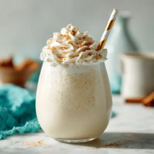 A close-up shot of a homemade eggnog milkshake in a modern glass, showing its thick and creamy texture.