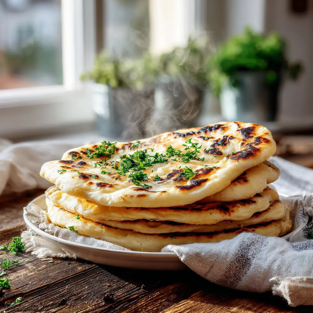 A stack of freshly made homemade gluten free naan, brushed with vegan butter and garnished with fresh cilantro.