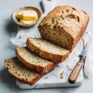 A full loaf of freshly baked gluten-free zucchini bread cooling on a wire rack with a neutral background.