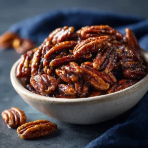 An extreme close-up of a spoonful of homemade maple glazed pecans, showing the detailed texture of the candy coating.
