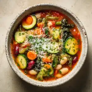An overhead shot of a rustic white speckled ceramic bowl filled with homemade minestrone soup, garnished with fresh basil.