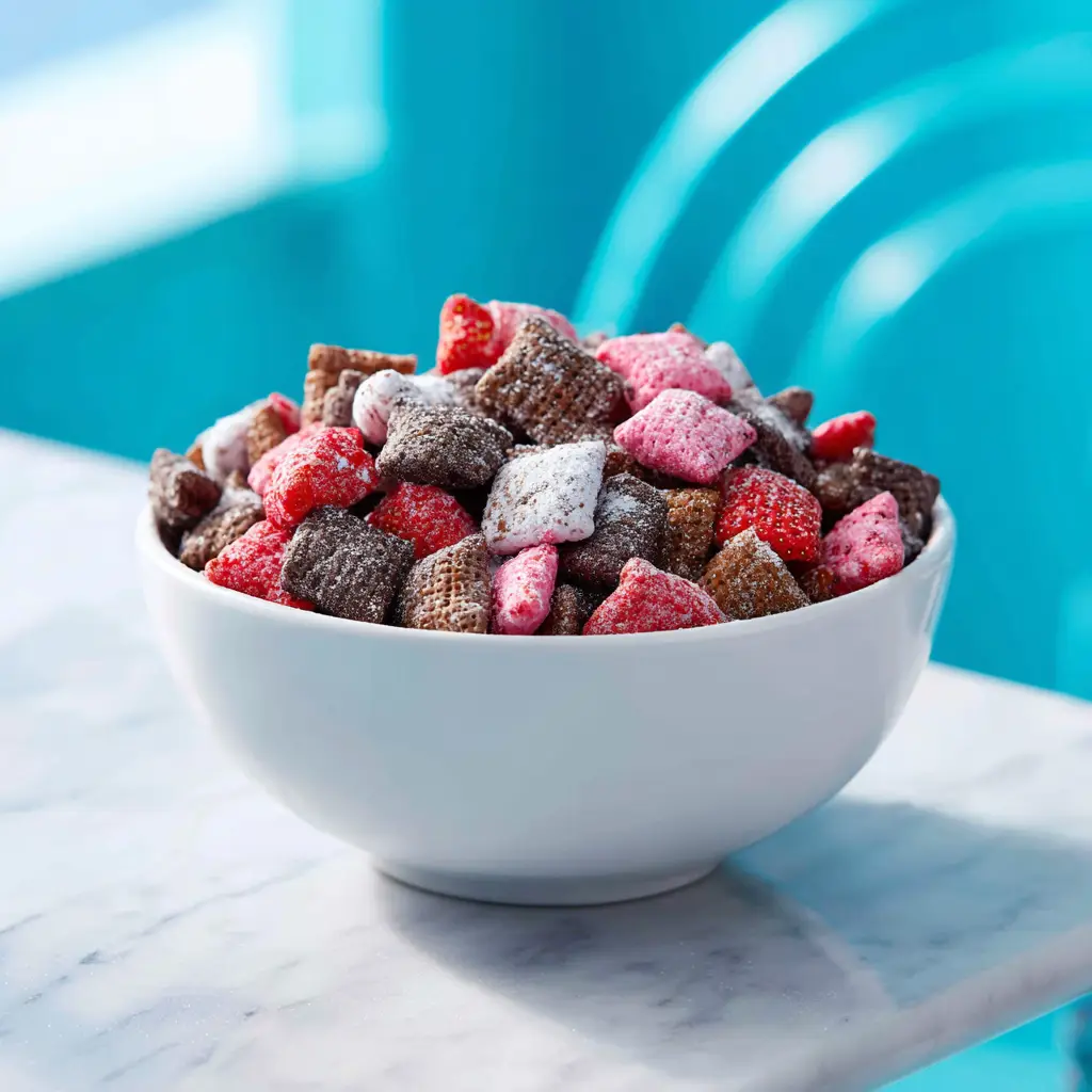 A beautiful spread of the three separate flavors of puppy chow before being mixed, showing the process of making the Neapolitan Chex mix.