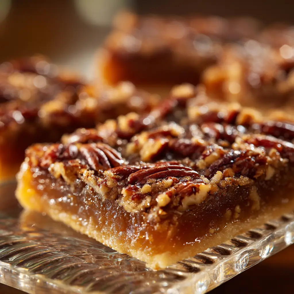 A tray of freshly baked pecan pie squares cooling on a wire rack, ready to be sliced and served.