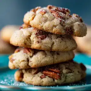 An extreme close-up of a stack of buttery shortbread cookies, showcasing the crumbly texture of this homemade Pecan Sandies recipe.