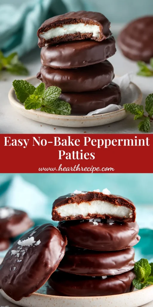 A stack of homemade peppermint patties on a dark surface, with one cut in half to show the creamy white mint filling and dark chocolate coating.