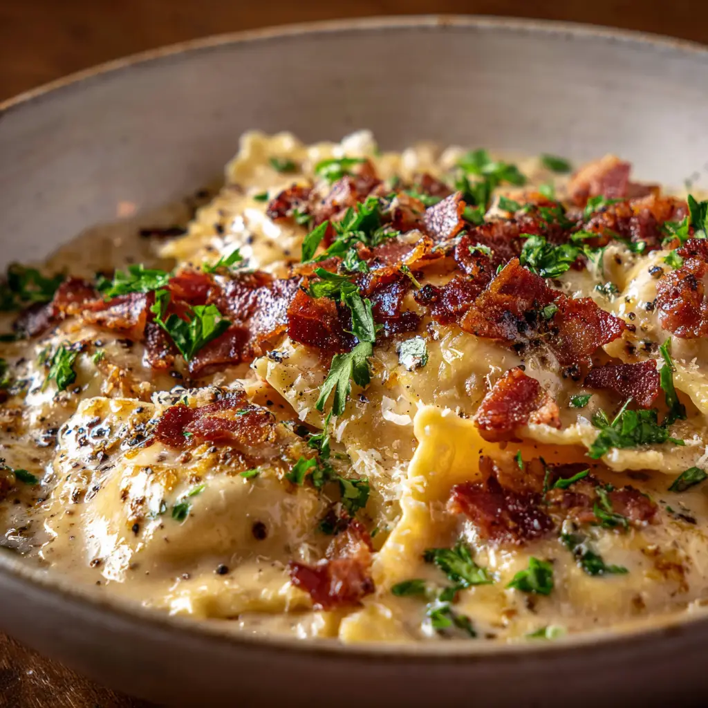 A fork twirling into a bowl of homemade ravioli carbonara, showing the tender pasta and rich sauce ready to be eaten.