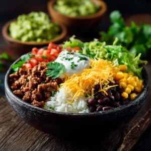 A close-up view of a homemade taco bowl filled with seasoned ground beef, black beans, corn, and fresh avocado slices in a dark ceramic bowl.