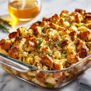 A spoonful of savory homemade dressing, showcasing its moist texture with visible herbs, celery, and onion.