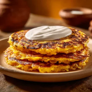A beautiful stack of two Venezuelan cachapas, showcasing the golden-brown exterior and fluffy texture of the sweet corn pancakes.