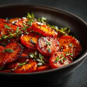A close-up shot of honey glazed carrots being tossed in a bowl, showing the texture of the glaze with minced garlic and herbs before roasting.