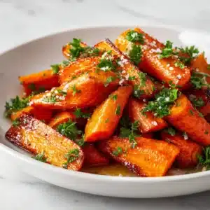 A serving dish filled with golden brown oven roasted carrots with a honey glaze.