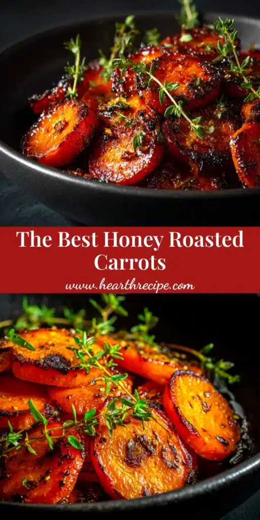 A top-down view of perfectly caramelized honey roasted carrots on a rustic white serving platter, garnished with fresh parsley and thyme. This easy and delicious side dish is perfect for any occasion.