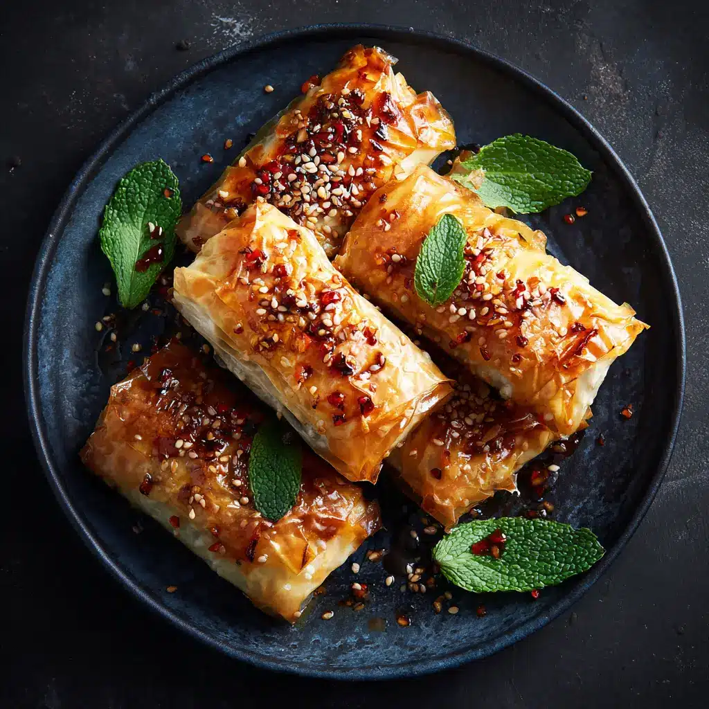 A close-up image showing the process of filling and rolling the phyllo dough to make homemade feta cheese rolls.