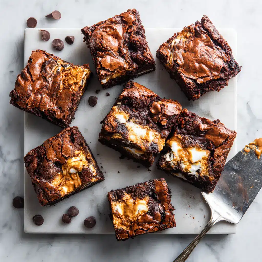 The process of swirling peanut butter and marshmallow fluff into the brownie batter in an 8x8 baking pan before baking. This shows how to make the classic fluffernutter topping.