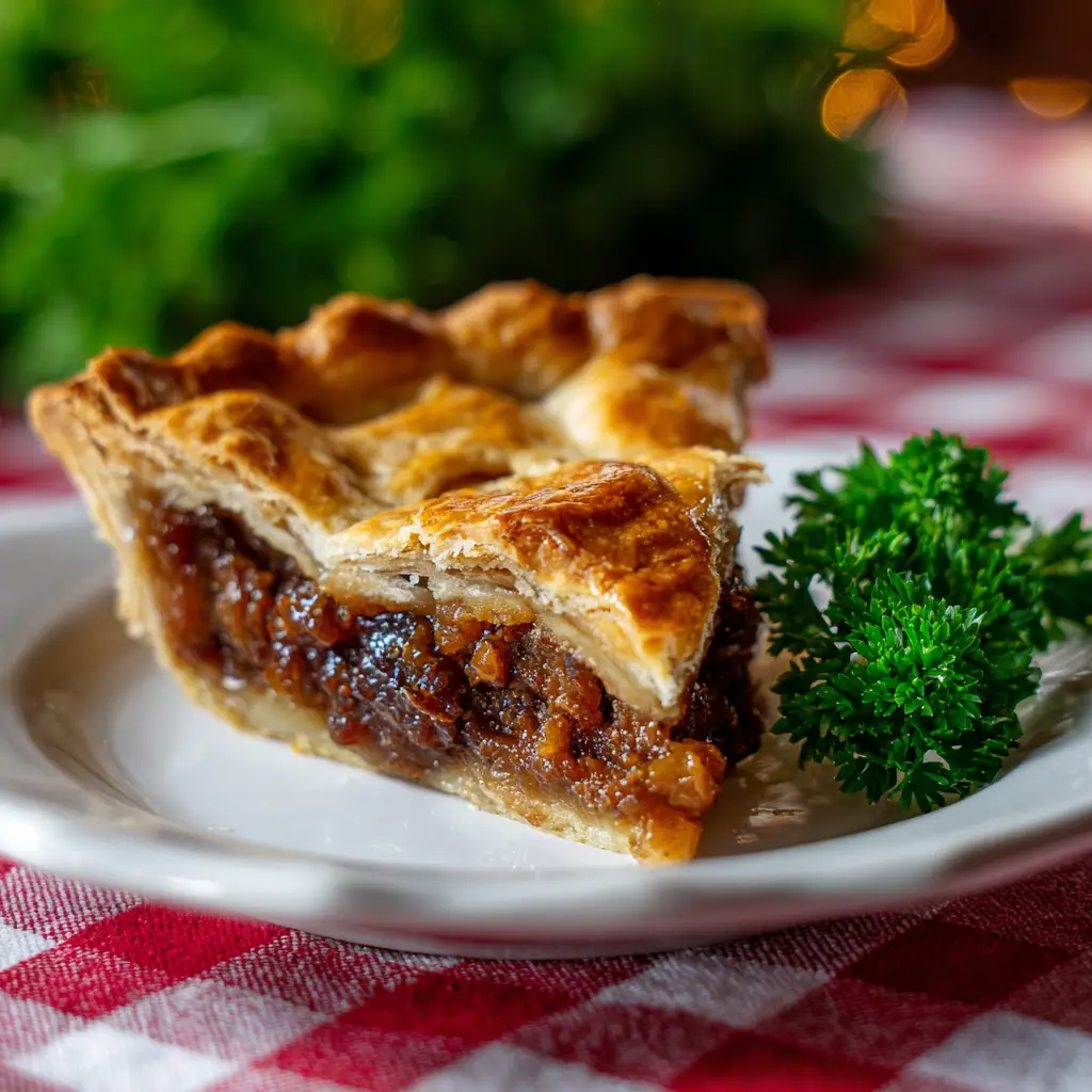 The process of making a mincemeat pie, with uncooked lattice pastry laid over the rich fruit filling in a pie dish.