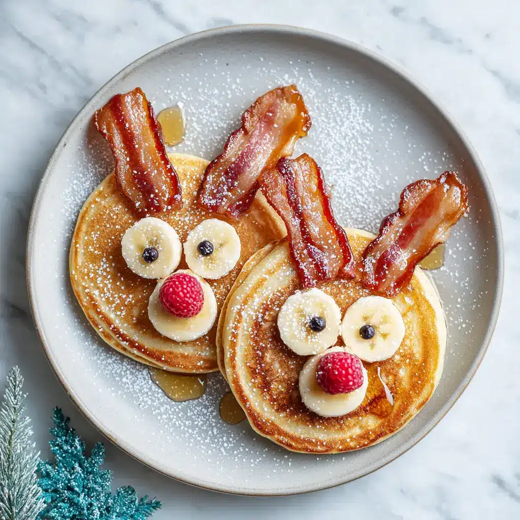 A step-by-step assembly guide image showing how to decorate Rudolph pancakes with bacon antlers and a cherry nose.
