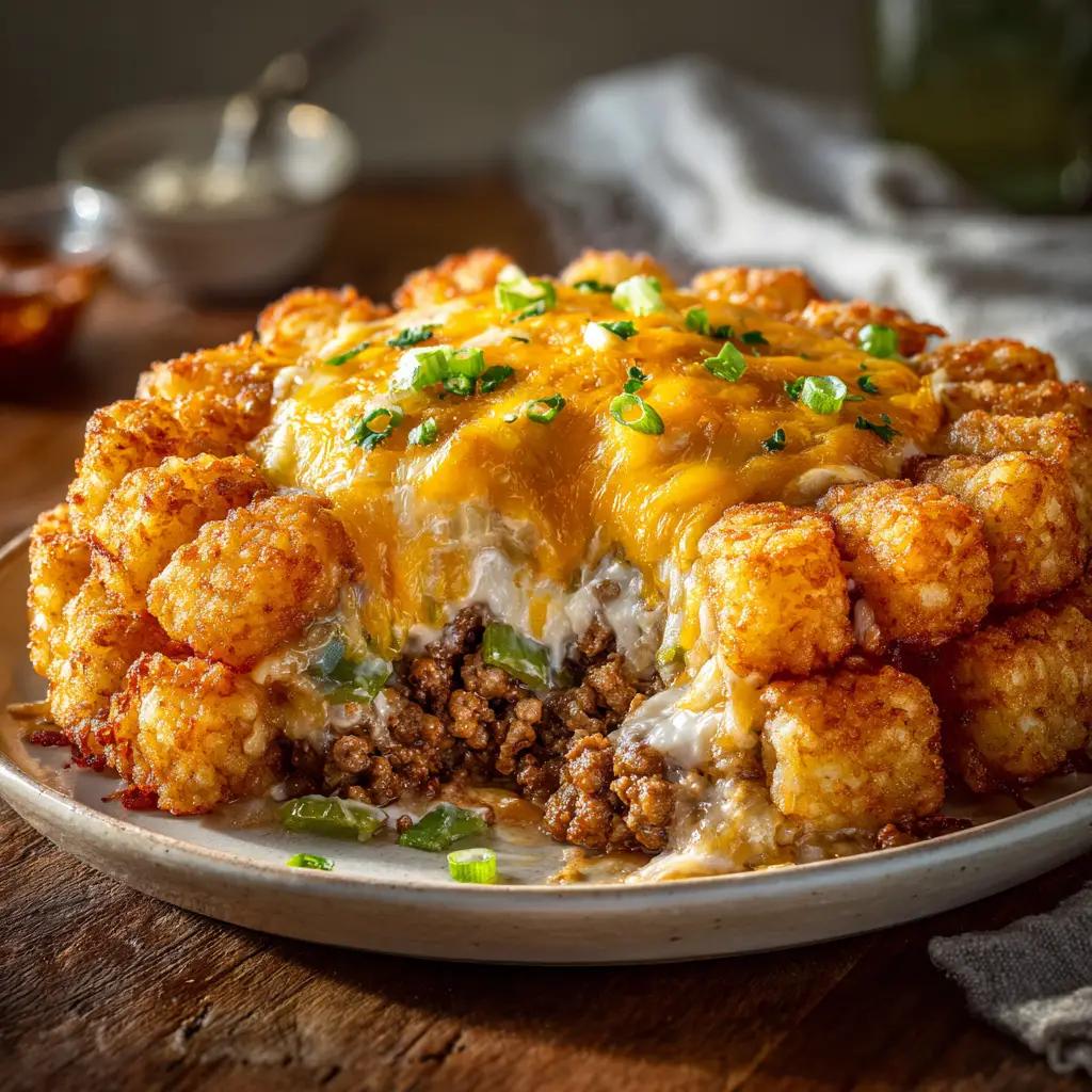 The ingredients for Tater Tot Casserole being assembled. The image shows the ground beef mixture being spread into a baking dish before the tater tots are added.