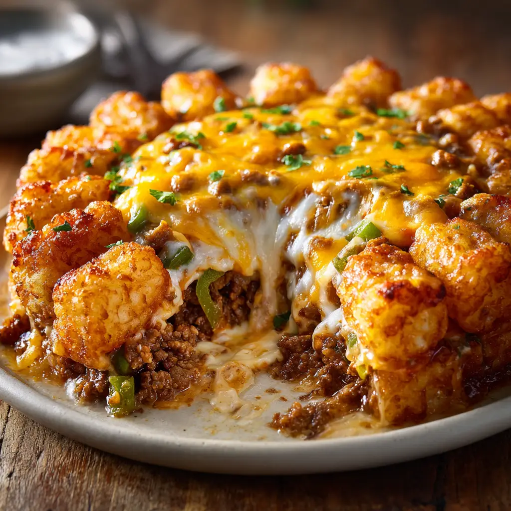 Tater Tot Casserole: The Ultimate Easy Comfort Food 1 The Tater Tot Casserole being assembled in a baking dish, with the tater tots being arranged neatly on top of the cheese and beef mixture.