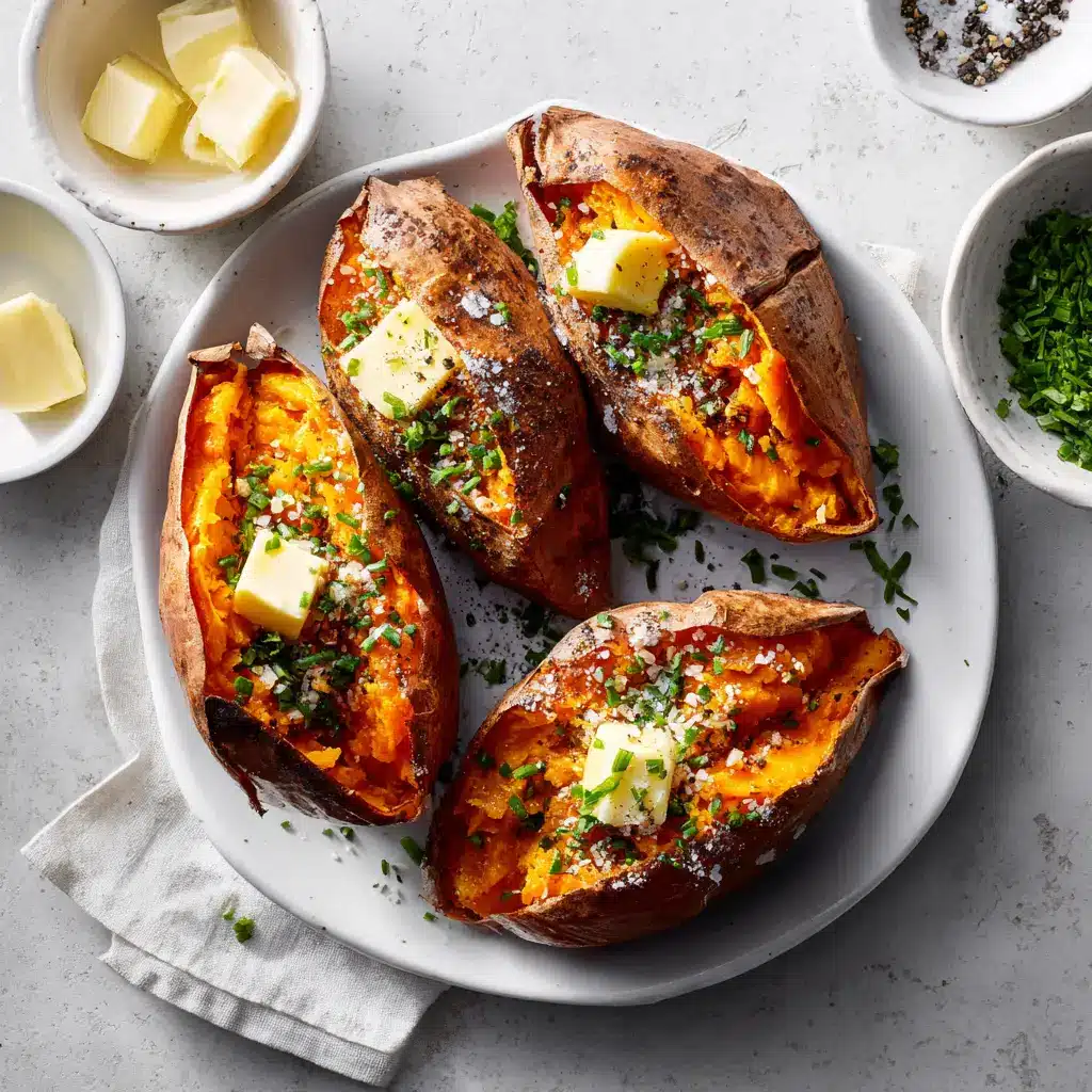 A step-by-step image showing how to prepare sweet potatoes for baking: washing, piercing with a fork, and rubbing with oil.