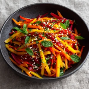 A close-up shot of a julienned carrot salad with a sesame ginger dressing. The bright orange carrots are tossed with green onions.