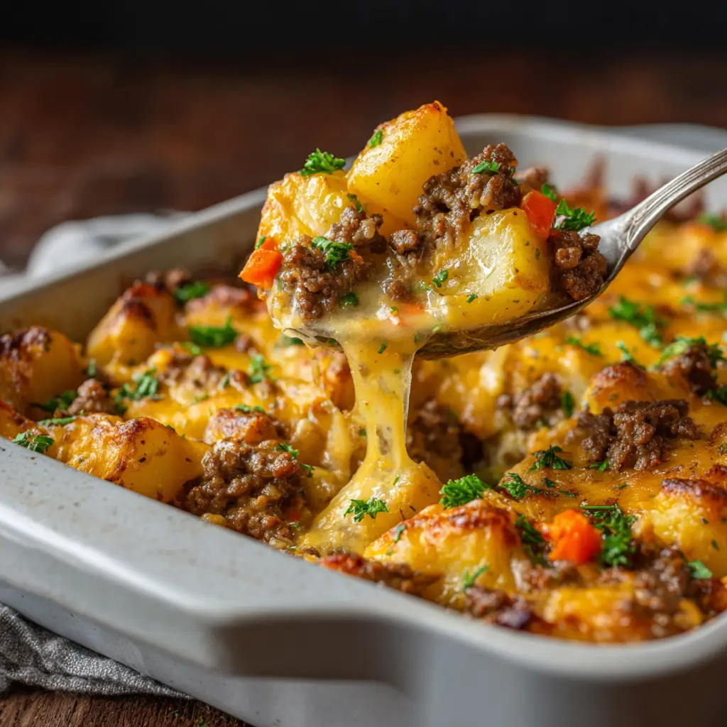 Cheesy Beef and Potato Casserole (The Ultimate Comfort Food) 2 A close-up shot of the layered potato and ground beef casserole in a baking dish, fresh out of the oven with a golden-brown cheesy crust.
