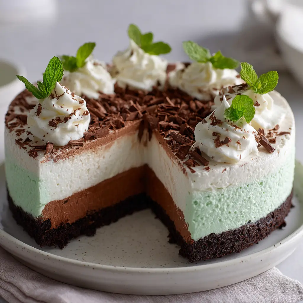 A full view of the layered mint chocolate dessert, showing the crisp cookie crust and silky mousse layers before being sliced.