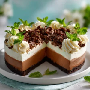 The full no-bake mint chocolate mousse cake sitting on a cake stand, revealing its stunning layers of chocolate cookie crust, creamy mint filling, and rich chocolate ganache.