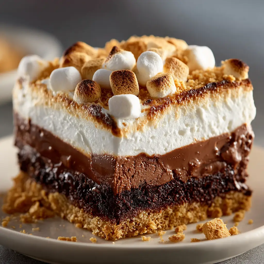 The finished no-bake chocolate dessert in an 8x8 pan, topped with fluffy whipped cream and chocolate shavings before being sliced.