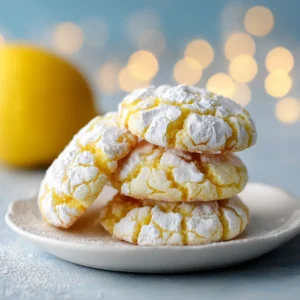 A stack of vibrant yellow lemon crinkle cookies on a white surface, highlighting their soft texture.