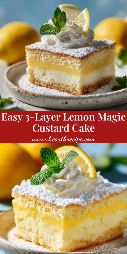 An overhead shot of a delicious Lemon Custard Cake with three visible layers, dusted with powdered sugar and garnished with fresh lemon slices.