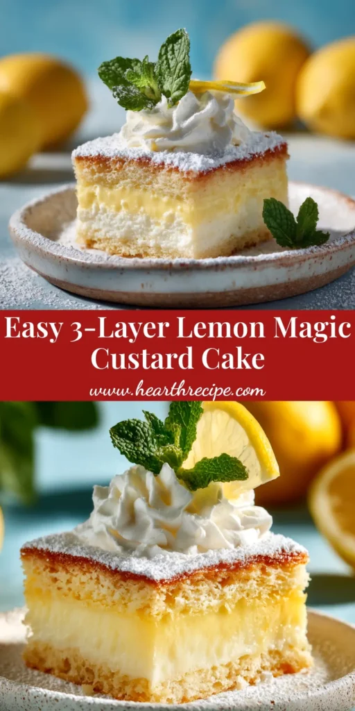 A beautiful slice of 3-layer lemon custard cake on a white plate, dusted with powdered sugar. The magic cake shows a distinct custard layer, creamy middle, and sponge top.