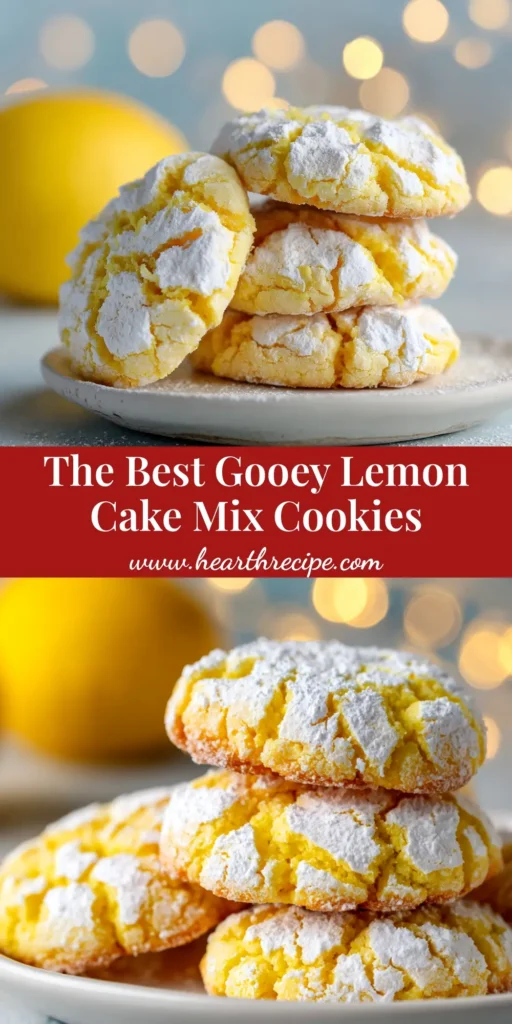 A close-up of delicious Lemon Gooey Butter Cookies stacked on a plate, showing their powdered sugar crinkle tops and chewy texture.