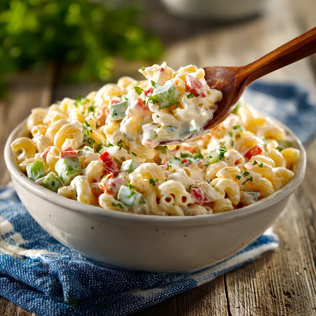 The fresh ingredients for macaroni salad, including diced celery, red onion, and bell pepper, in small bowls.